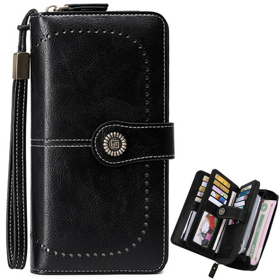 Ogetok Leather Pocket Wallet, Ladies Portable with Large Capacity ,Equipped with Two ID Windows and 23 Credit Card Slots