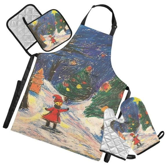 Christmas Crayon Painting Apron Set with Oven Mitts Pot Holders Set of 5 Kitchen Stuff Accessories