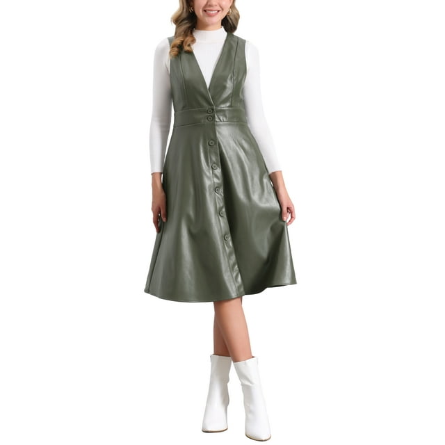 Vestido Midi Casual Sin Mangas de Cuero Sintético con Cuello en V para Mujeres, Botones, Talla XL, Verde Ejército