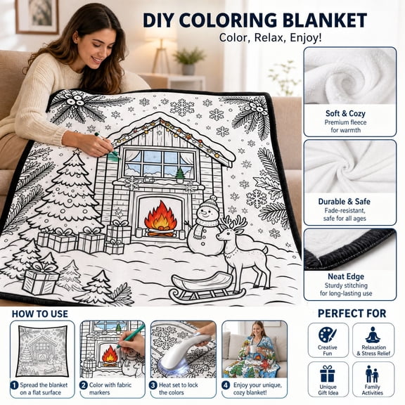 Christmas DIY Coloring Blanket for Adults and Kids, With 24 Color Markers, Holiday Line Art Color Your Own Polyester Throw, Creative Art Activity, 50 x 59 in