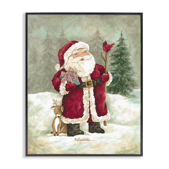 Joyful Santa & Cuddling Reindeer Black Framed Giclee Art, 11 x 14, Made In USA