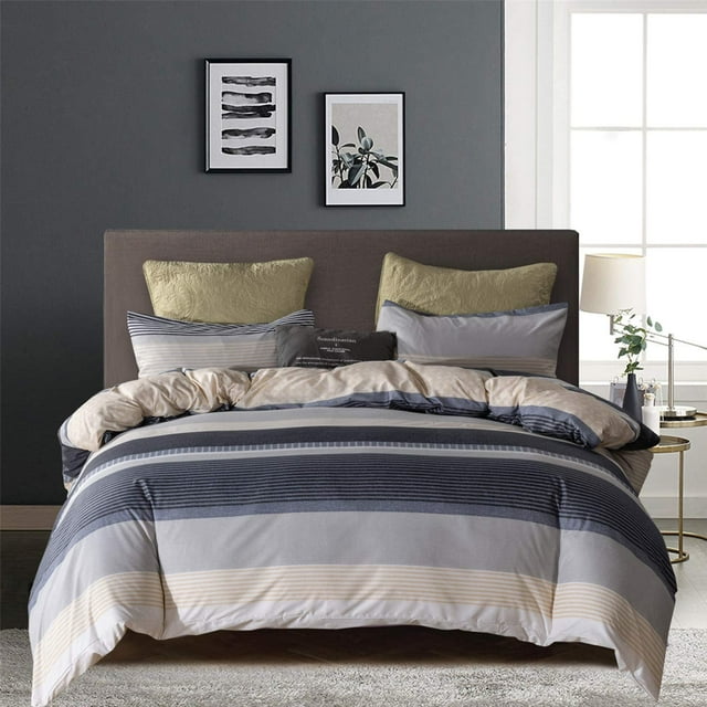 3 Pcs Queen Boho Duvet Cover Set, Grey Striped Bohemian Soft Lightweight Microfiber Comforter Cover Bedding Set