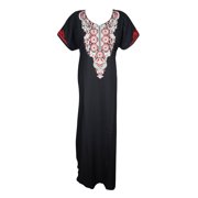 Mogul Womens Caftan Nightgown Neck Embroidered Bohemian Indian Cotton Short Sleeve House Dress Maxi Cover Up Holiday Kaftan