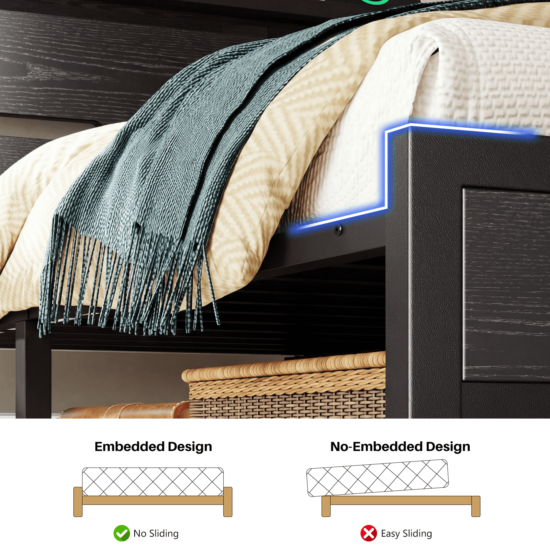 EnHomee  Metal Bed Frame with Headboard  King Size Metal Bed Frame with Storage & Charge Station & LED Lights & 13" Under-Bed Storage, Black