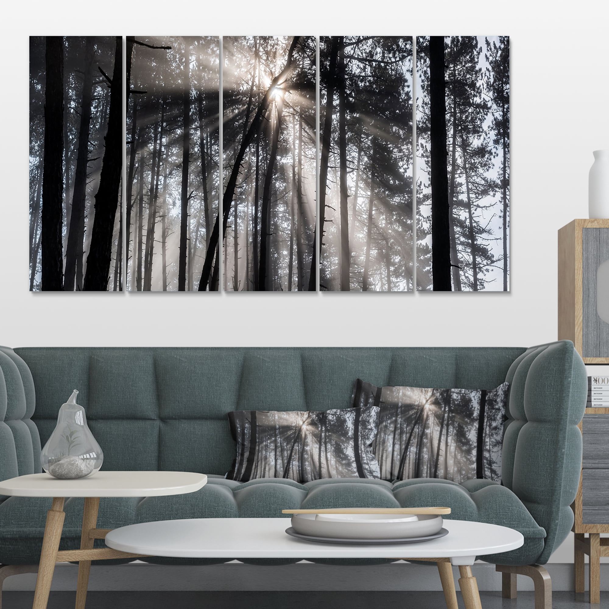 Designart 'Sunbeams through Black White Forest ' Forest Canvas Wall Art Print