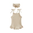 thumbnail image 2 of Infant Girls Romper Solid Color Knitted Ribbed Tie-Up Spaghetti Straps Sleeveless Ruffles Baby Bodysuits with Headband, 2 of 10