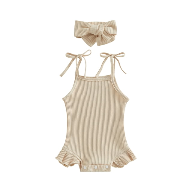Fortune Infant Girls Ribbed Romper Solid Color Sleeveless Tie-Up Ruffles Bodysuits