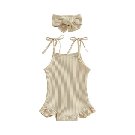 

ZIYIXIN Infant Girls Romper Solid Sleeveless Sling Romper Ruffle One Piece Jumpsuit with Headband