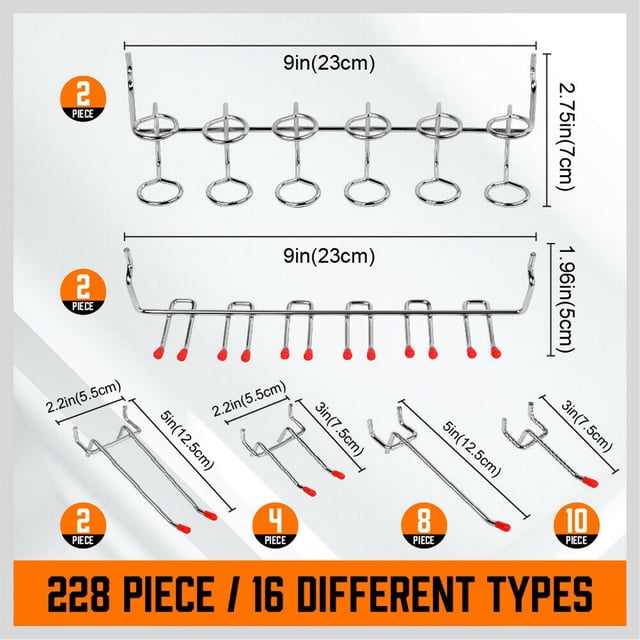 228 Pcs Assortiment de Crochets en Panneau Perforé avec Ensembles de Crochets en Métal, Bacs en Panneau Perforé, Verrous pour Système de Rangement Outils