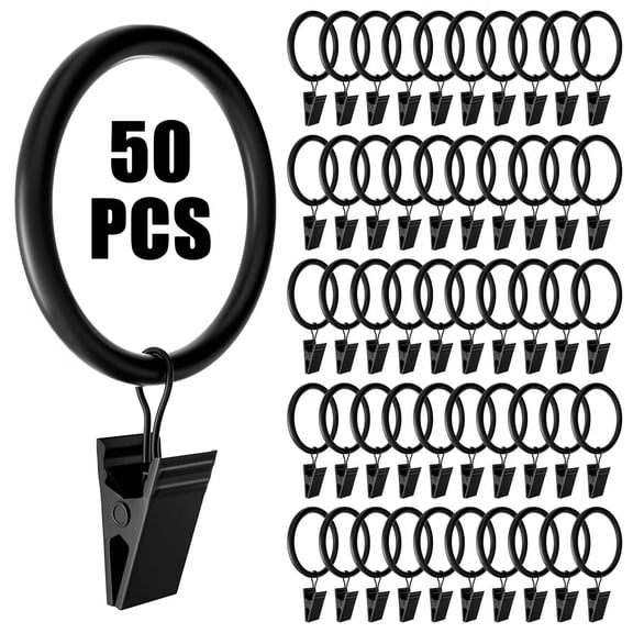 50 Curtain Rod Ring Clips with Hook, DISEN Rustproof Metal Drapery Ring Hanger Clips with Eyelets, Curtain Rods Hangers Rings, 1.26in Interior Diameter 1.5in Outside Diameter, Black