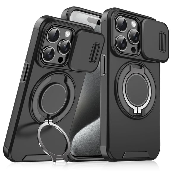 Rugged Shockproof Phone Case compatible with Apple iPhone 17 Pro Max, Heavy Duty Protective Cover with Slide Camera Cover, 360 Rotatable Ring Stand, Car Mount Compatible