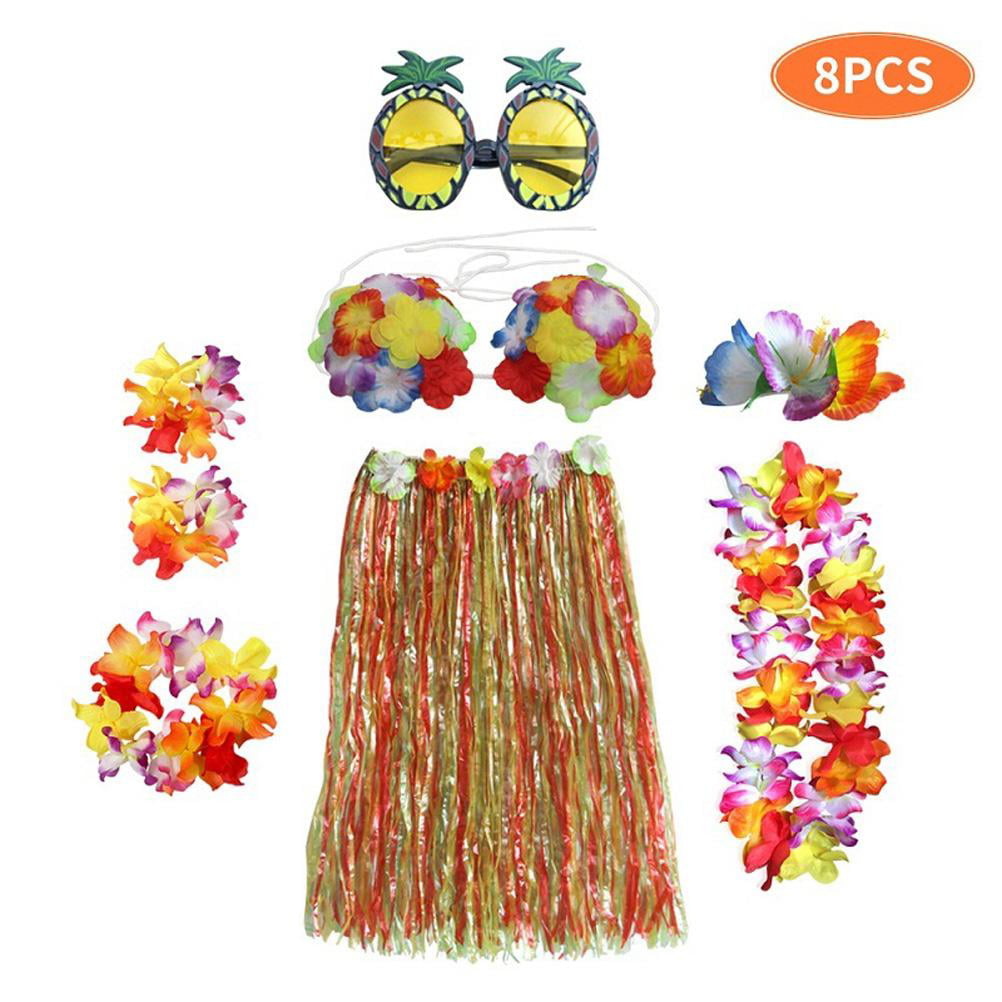 Adult Adjustable Hawaiian Grass Skirt Hula Fancy Dress Costume 5 Pieces Set 