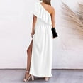 thumbnail image 5 of Usmixi Summer Dresses for Women Fashion One Shoulder Tie Waist Ruffle Layer Slit Hem Long Sundresses 2023 Short Sleeve Slash Neck Solid Maxi Formal Dress White m, 5 of 5