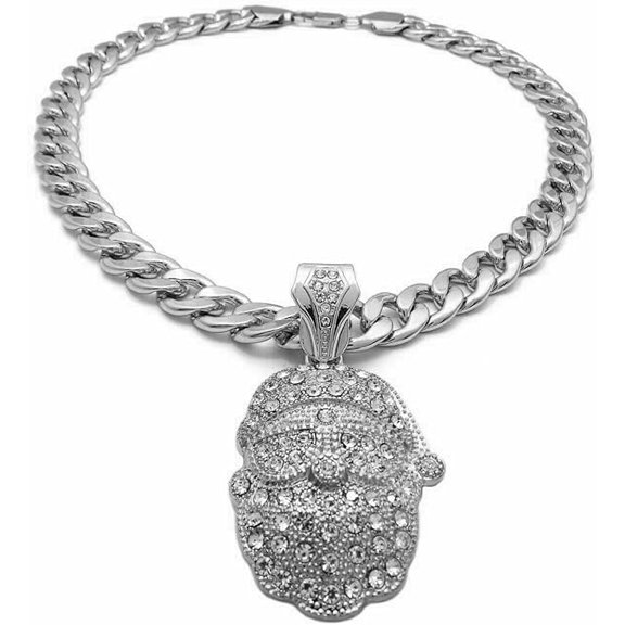 Hip Hop Silver Plated Santa Clause Head Bling Charm Cubic Zirconia Pendant & 10mm 18" Cuban Chain Style Fashion Necklace Set