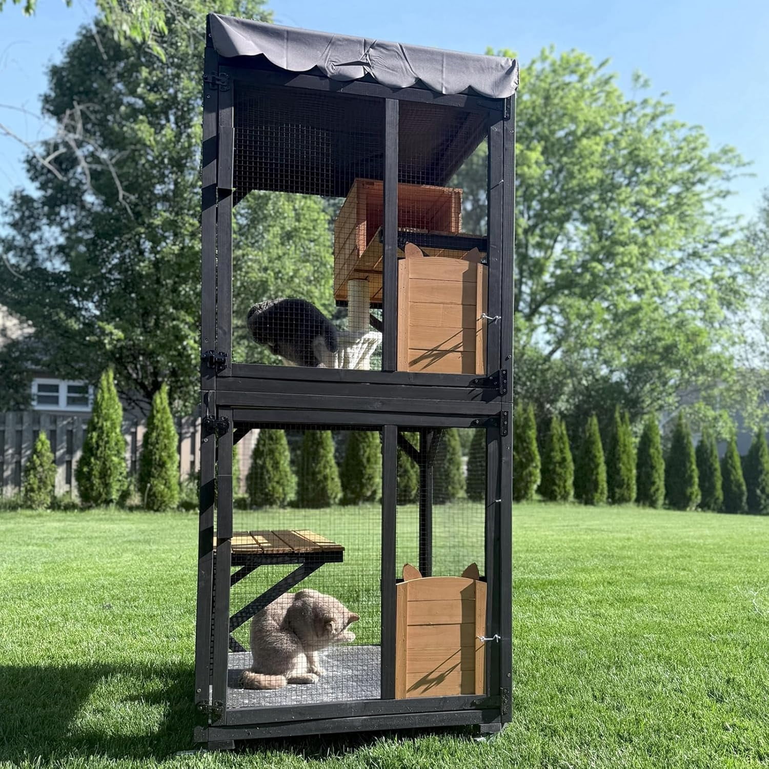 Aivituvin Cat House Window Catio Outdoor Cat Enclosure Mobile Kitty Shelter on Wheels Pet Cage with Resting Box, Hammocks, Waterproof Cover