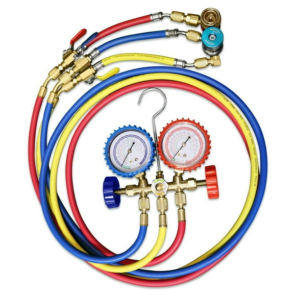 Ensemble de collecteurs professionnels Duracool® série 5500 avec tuyaux de 72" et composants en laiton. Comprend des vannes d'arrêt à 3 tuyaux et des raccords rapides côté LO et HI.