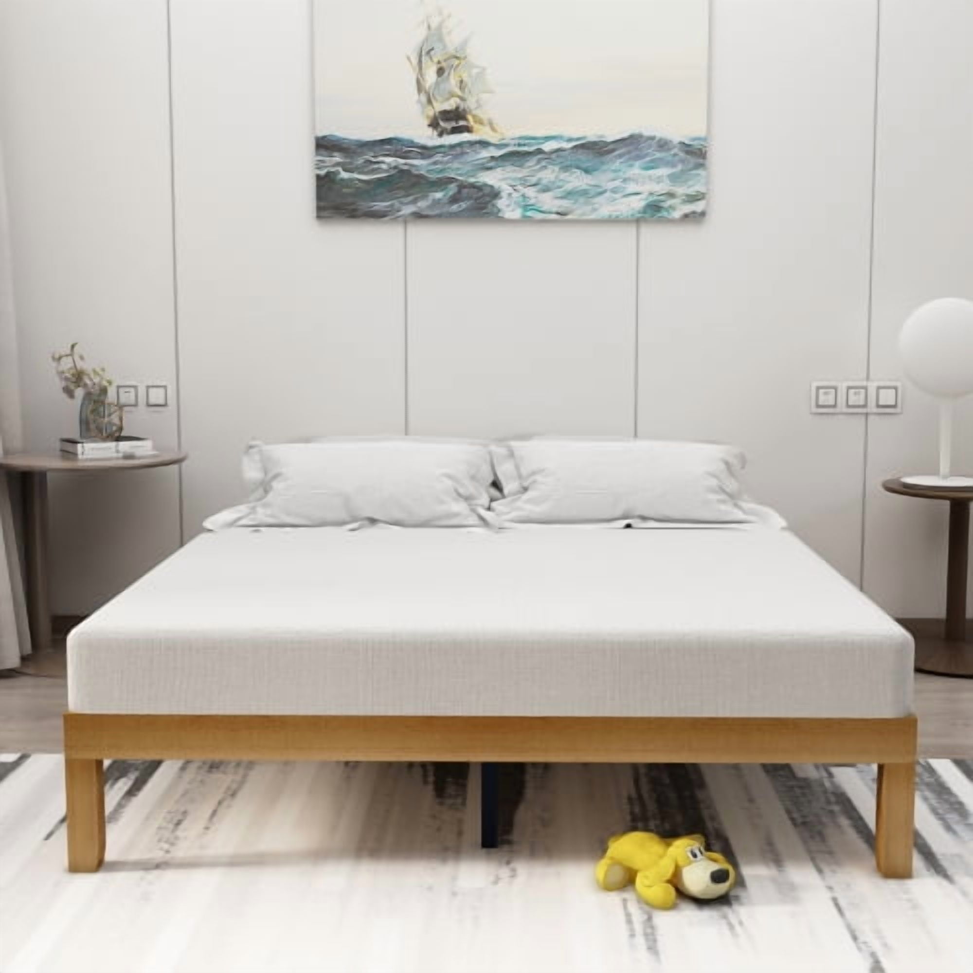 SIBEDS 12 inch Queen Size Bed Frame Solid Wood with Slats, No Box Spring Needed, Heavy Duty 700 lbs, Noise-Free, Easy Assembly, Natural