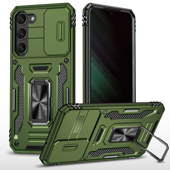 Armor Case for Samsung Galaxy S23, Sliding Lens Camera Cover Protection Ring Kickstand Compatible with Magnetic Car Mount Holder Military Grade Hybrid Rugged PC Soft TPU Shockproof Case,Darkgreen