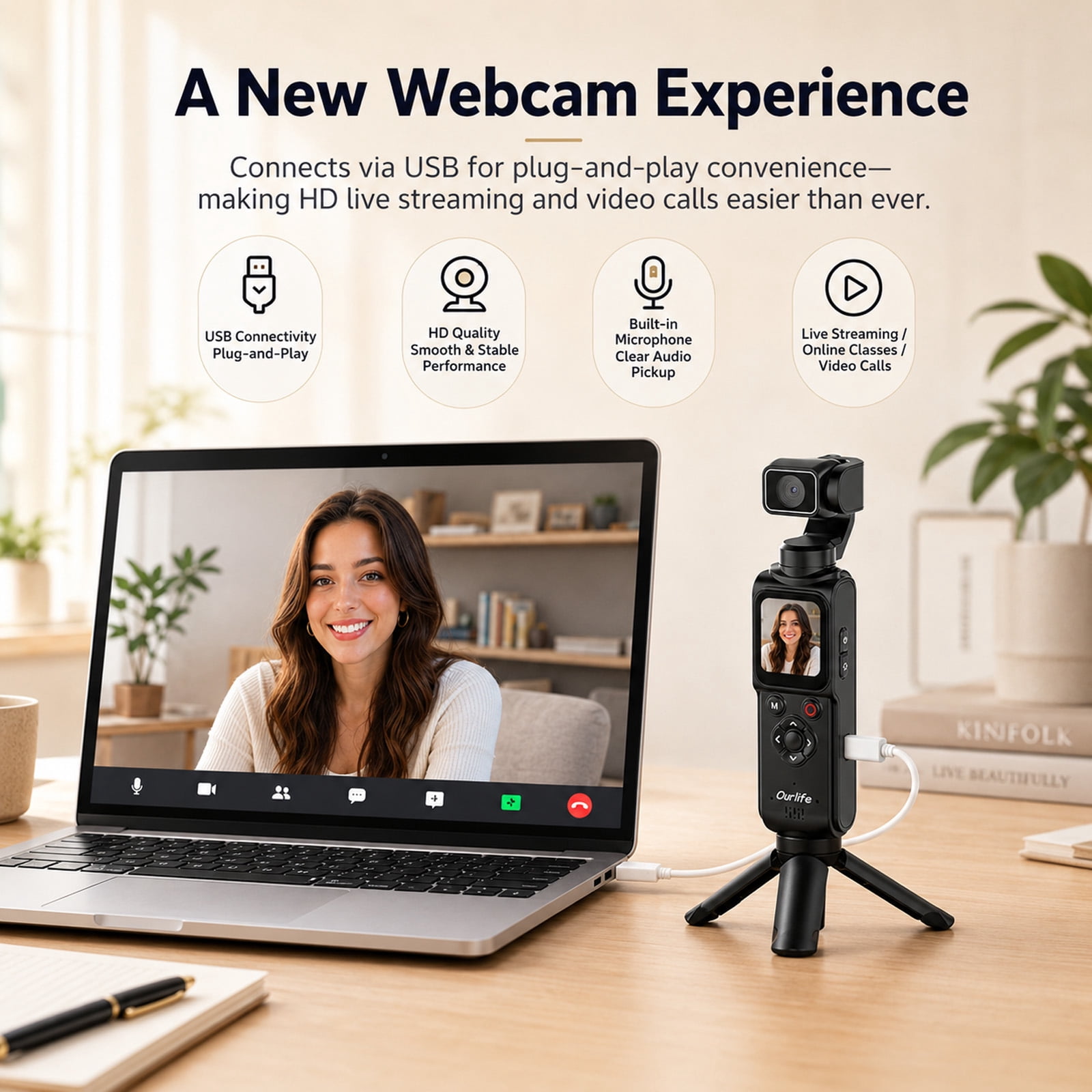 Ourlife 4K Digital Camera with 330° Rotating Gimbal, 1.72" Touch Screen, Face Tracking, 2400mAh Battery, 64GB Card, Pocket Camera for Vlogging