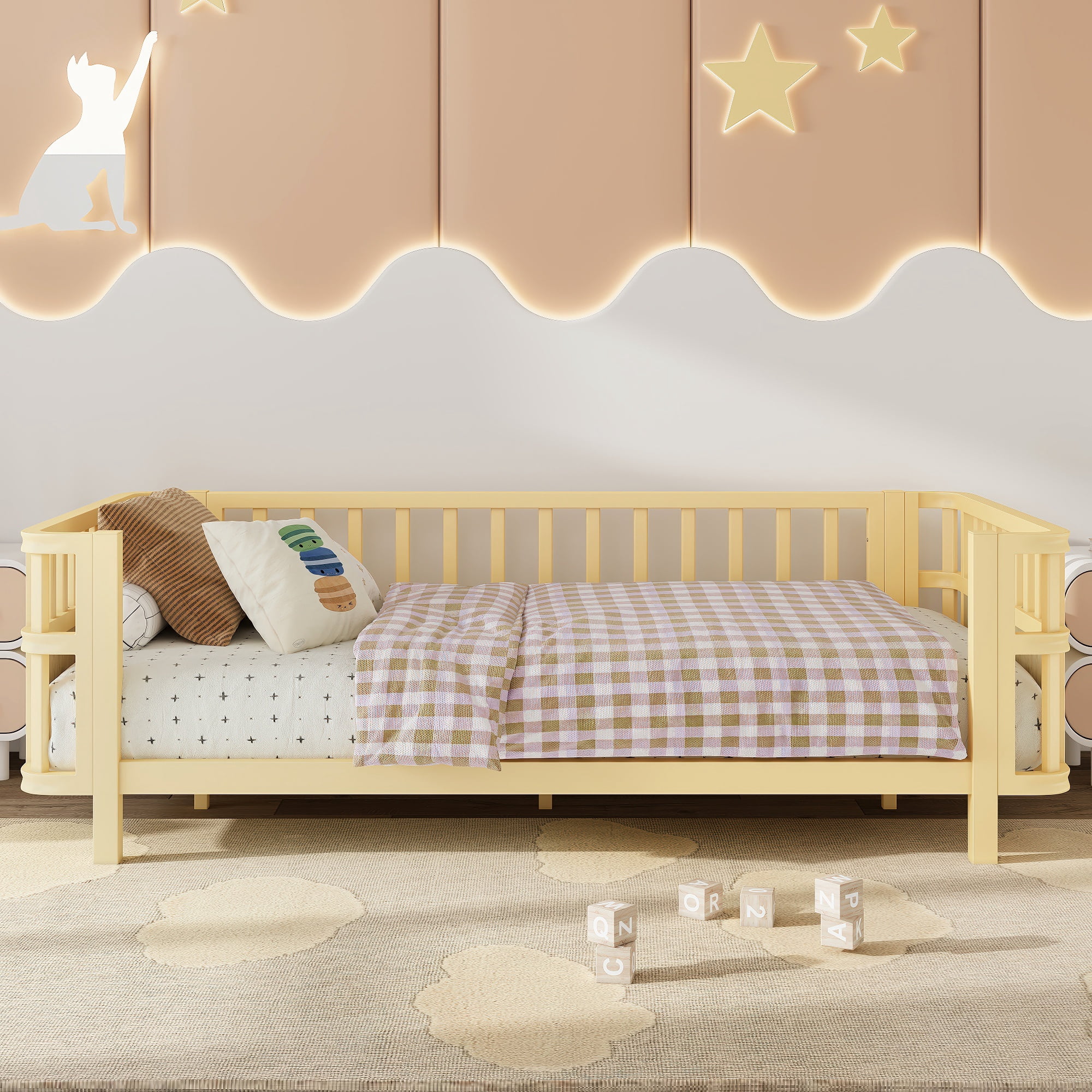 PORKISS Twin Size Platform Bed, Solid Wood Toddler Bed with Fence Guardrail, Twin Size Bed Frame for Kids Boys Girls, Montessori Bed, No Box Spring Needed, Natural