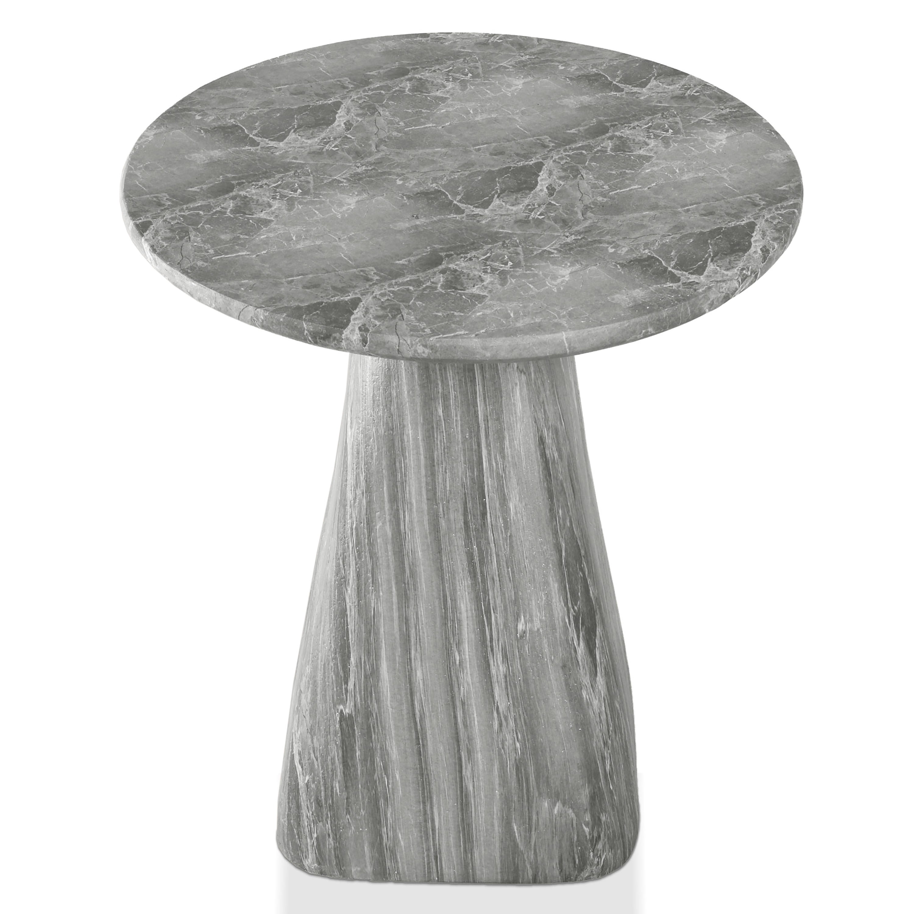 Furniture of America Isla Modern Stone Indoor & Covered Patio Round Sculptural Pedestal End Table, Gray Marble