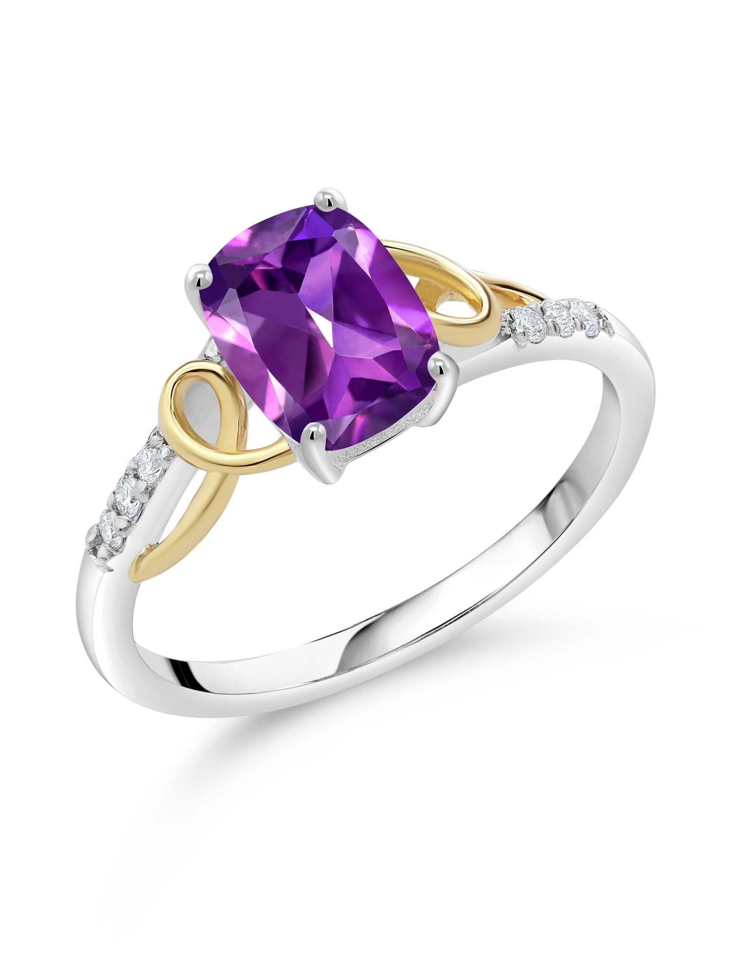 Gem Stone King 2 Tone 10K Yellow Gold and 925 Sterling Silver Purple  Amethyst and White G/H Lab Grown Diamond Women Ring (1.26 Ct Cushion,  Available