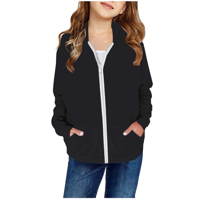 Girl's Autumn And Winter Solid Color Patch Pocket Zipper Sweatshirt Hooded Cardigan Jacket