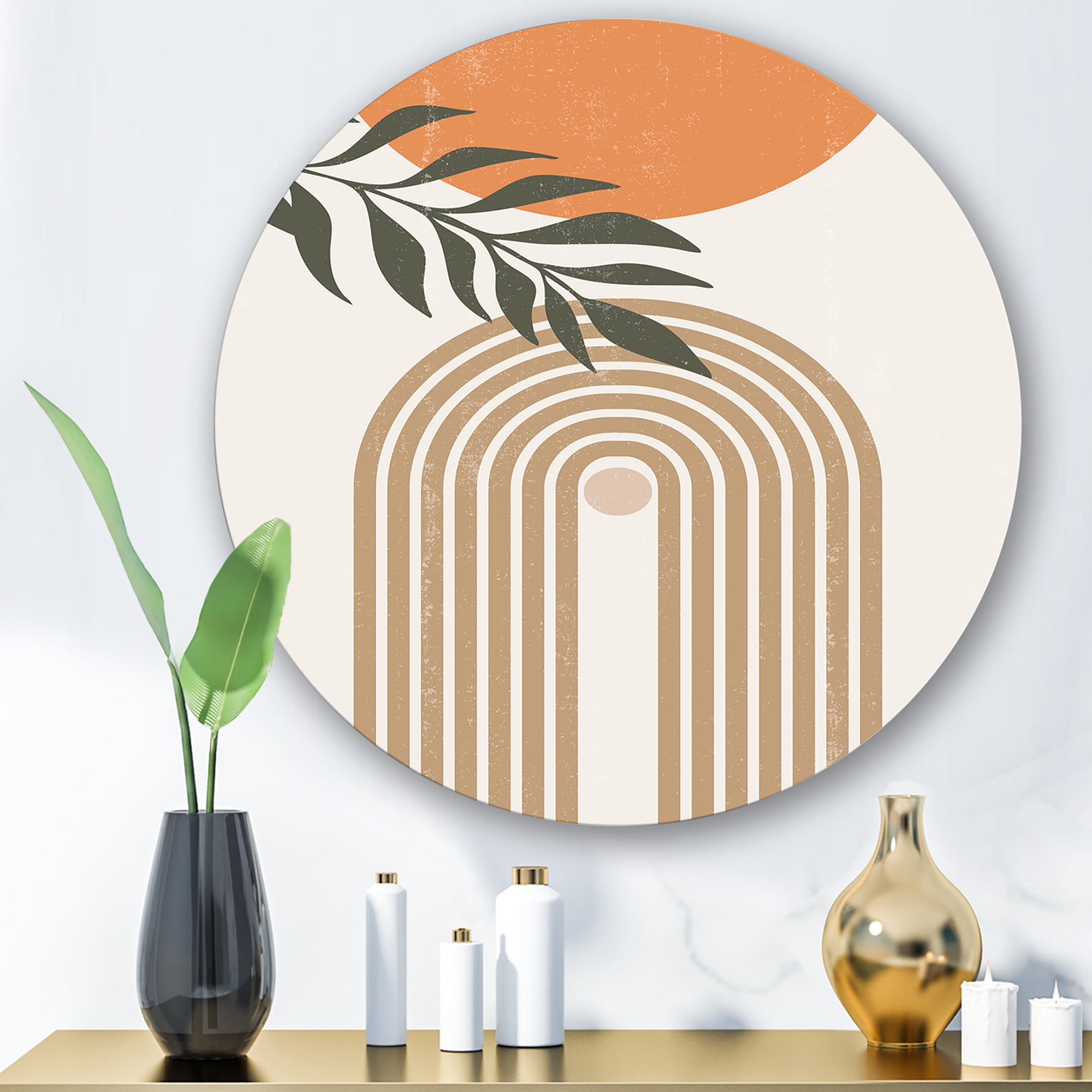 Designart 'Abstract Moon Sun Leaves I' Modern Circle Metal Wall Art 11x11 - Disc of 11