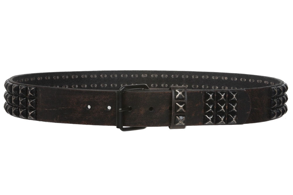 beltiscool Snap On Oil Tanned Three Row Punk Rock Star Distressed Black  Studded Full Grain Cowhide Leather Belt at  Men’s Clothing store