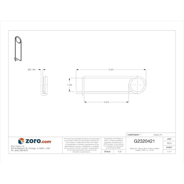 Coiled Tension Safety Pin, 3-3/4 in Lg, 0.148 in Wire Dia, 5-3/4 in Shank Lg, 10 PK