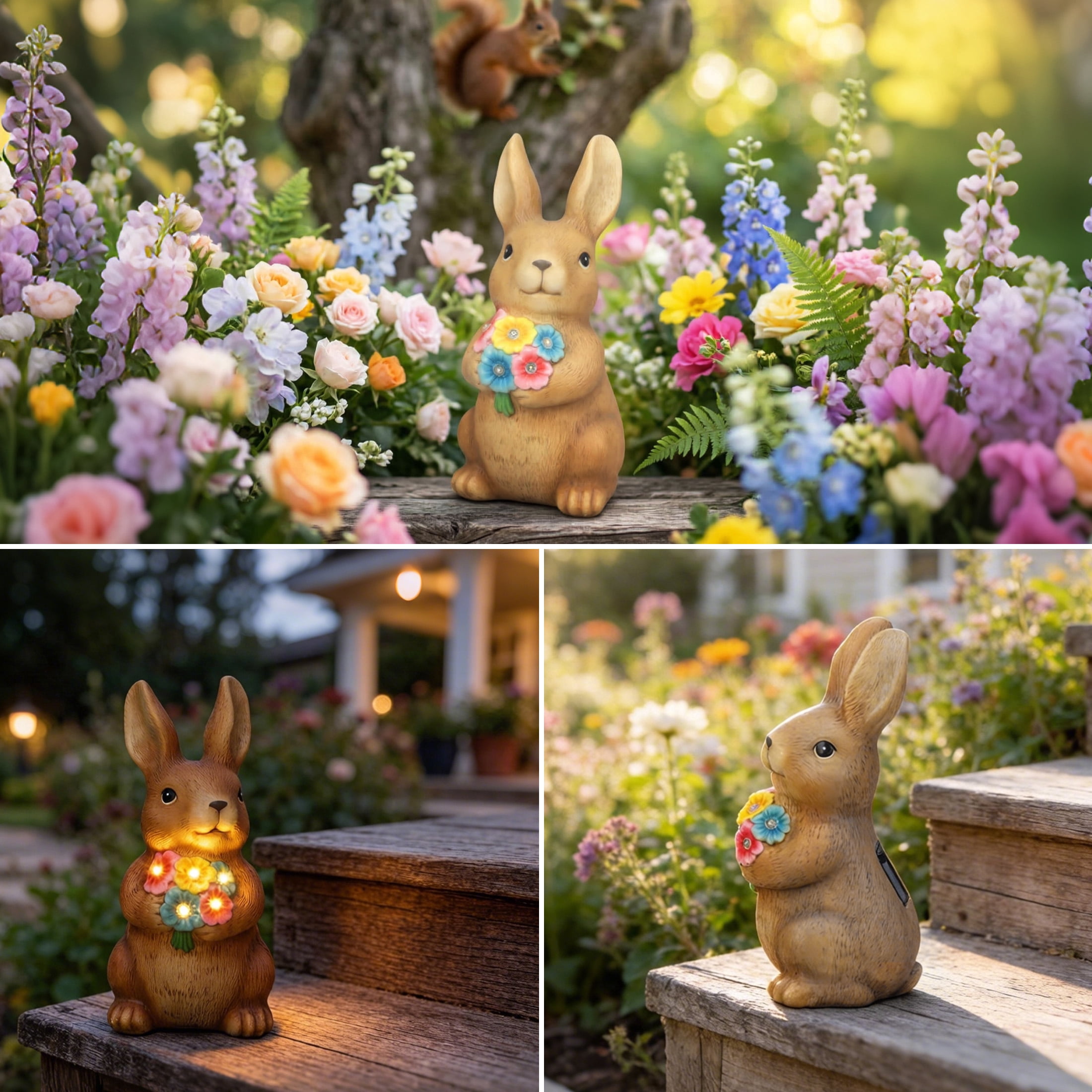 The Growing Ground Solar Bunny Garden Statue with LED Light, Outdoor Resin Rabbit Lawn Decor for Garden, Patio, Pathway, Brown