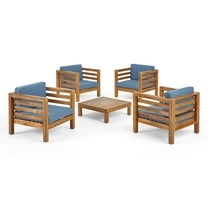 GDF Studio Cascada Outdoor Acacia Wood 5 Piece Club Chair Chat Set with Cushions, Teak and Blue