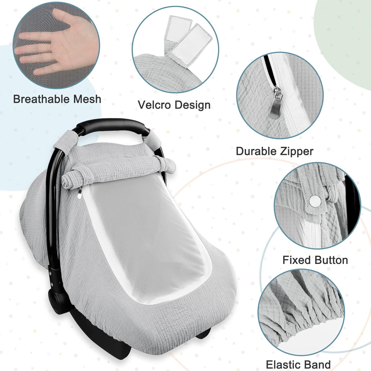 Muslin Car Seat Cover Baby, 3-1Infant Car Seat Covers for Babies,Summer Baby Car Seat Cover for Boys Girls with Breathable Window, Lightweight Infant Car Seat Canopy,Gray