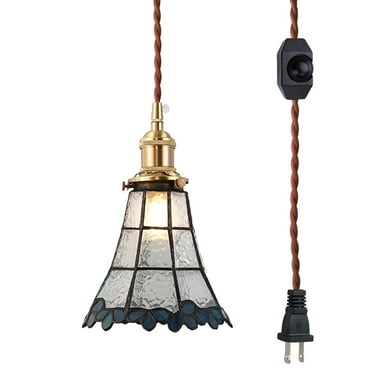 FSLiving Hanging Swag Pendant Light with 15ft Plug-in UL Dimmable Cord Brass Finished E26 Socket Tiffany Blueberry Glass Lamp Nordic Industrial Hanging Lamp for Farmhouse Corner Lighting - 1 Light