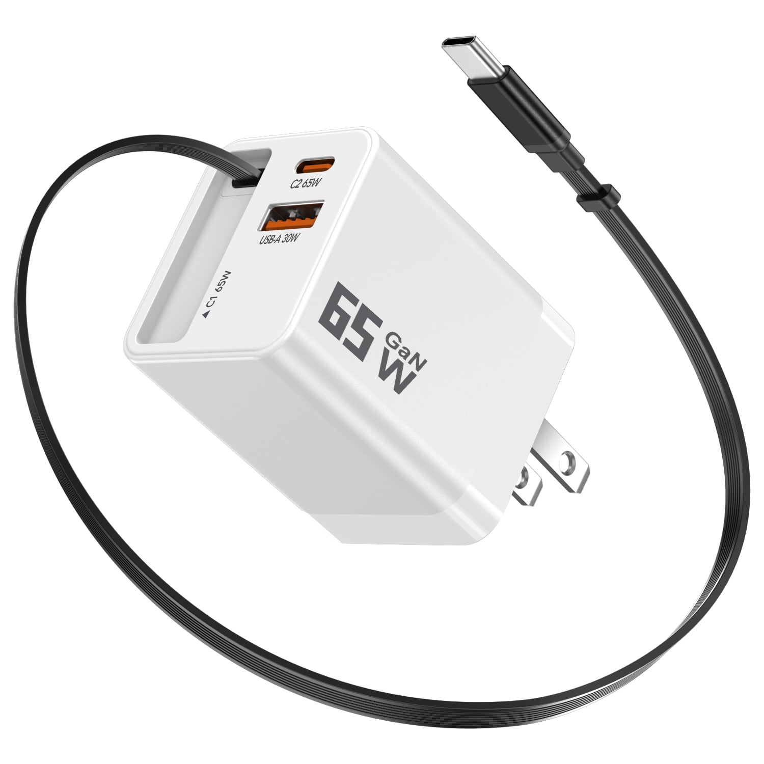 65W GaN 3-Port USB-C Power Adapter with Built-in Retractable Charging Cord, Portable Travel Charger Compatible with MacBook, iPhone, iPad, Samsung Galaxy S24 and Most USB-C Enabled Smart Devices