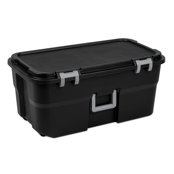 Sterilite 22 Gallon Large Wheeled Footlocker, Heavy Duty Plastic Storage Trunk Container, Lockable with Wheels and Handle, Black