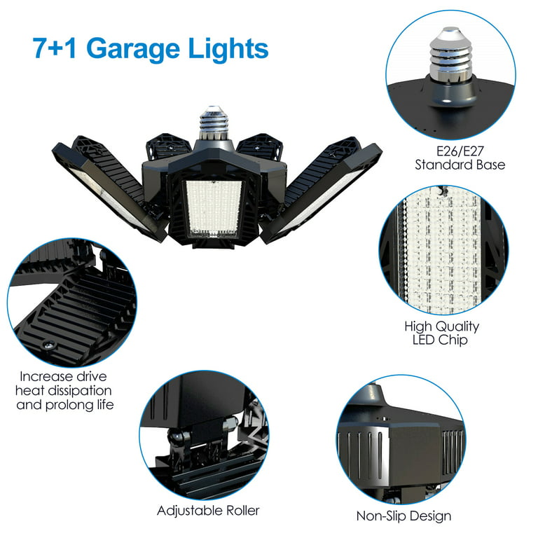 DENVDENCY 2 Pack LED Garage Lights, 120W Deformable LED Garage Ceiling  Lights with 5 Adjustable Panels, 12000LM E26 LED Shop Lights for Garage 
