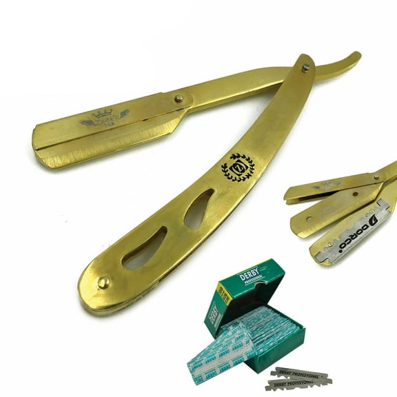 SALON BARBER CUT THROAT SHAVETTE STRAIGHT RAZOR RASOIR 100 DERBY BLADES GOLD