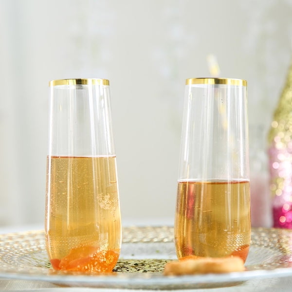 Efavormart 6 Pack 9 oz Clear Disposable Stemless Champagne Flutes with Gold RIM Cylinder Glass