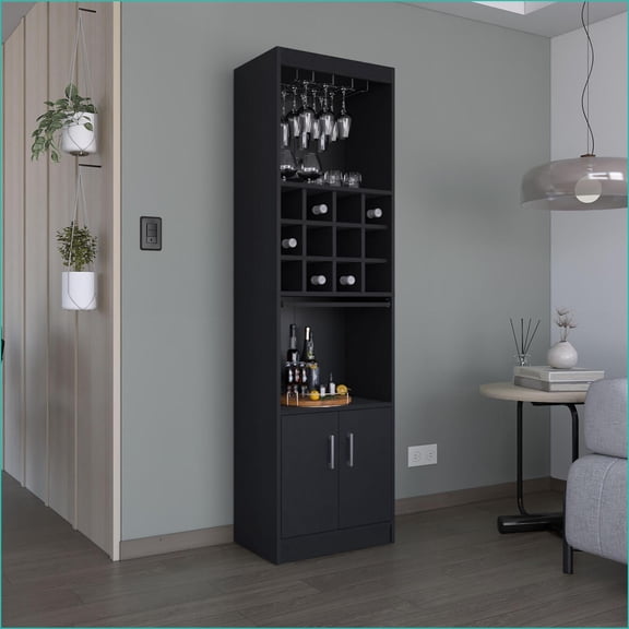 Bar Cabinet, 71-Inch Modern Liquor Cabinet with 12-Bottle Rack, Stemware Holder & Pull-Out Tray | Engineered Wood | Shelves Included