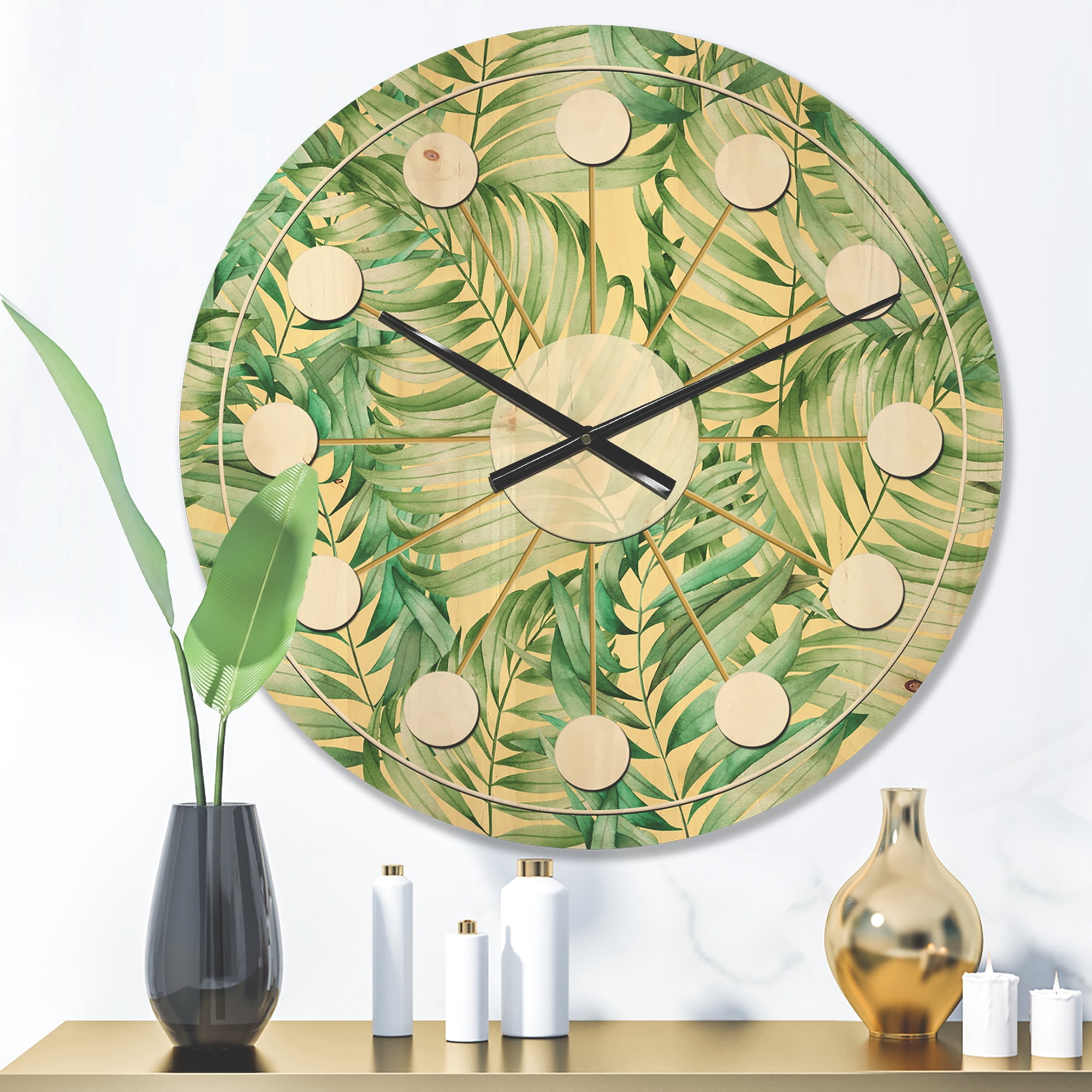 Designart 'Retro Tropical Foliage I' Mid-Century Modern Wood Wall Clock