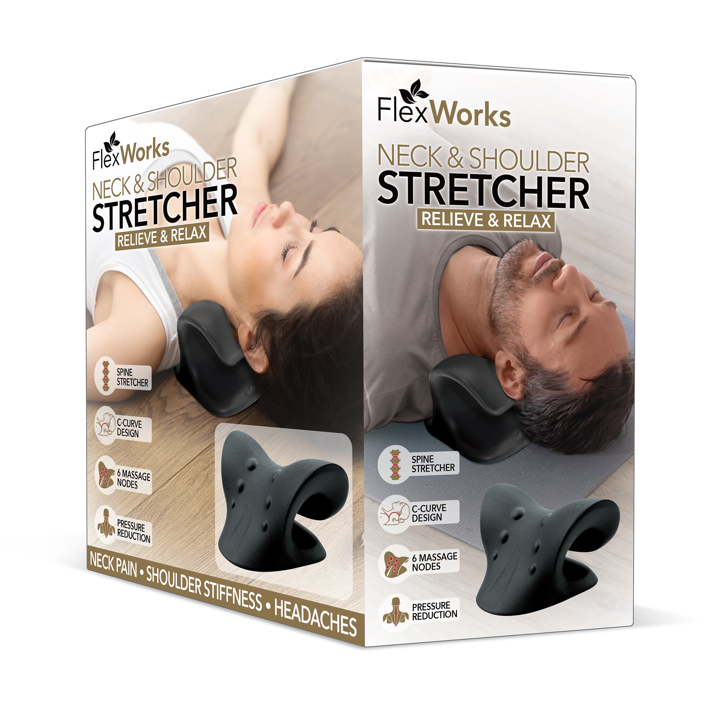 FlexWorks Neck & Shoulder Stretcher, Cervical Pillow with C-Curve Design, Black
