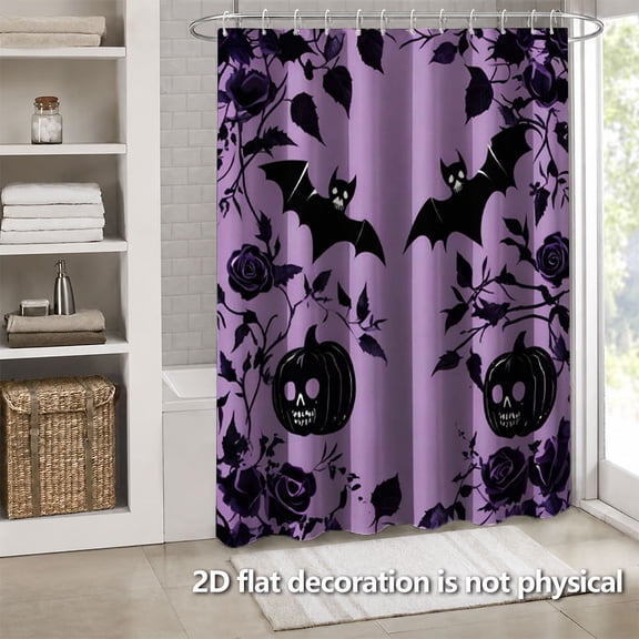 Hoease Purple Rose Bat Pumpkin Halloween Frame Shower Curtain, 71W x 71L Inch Waterproof Fabric Bathroom Curtain with 12 Hooks, Gothic Halloween Bath Decor