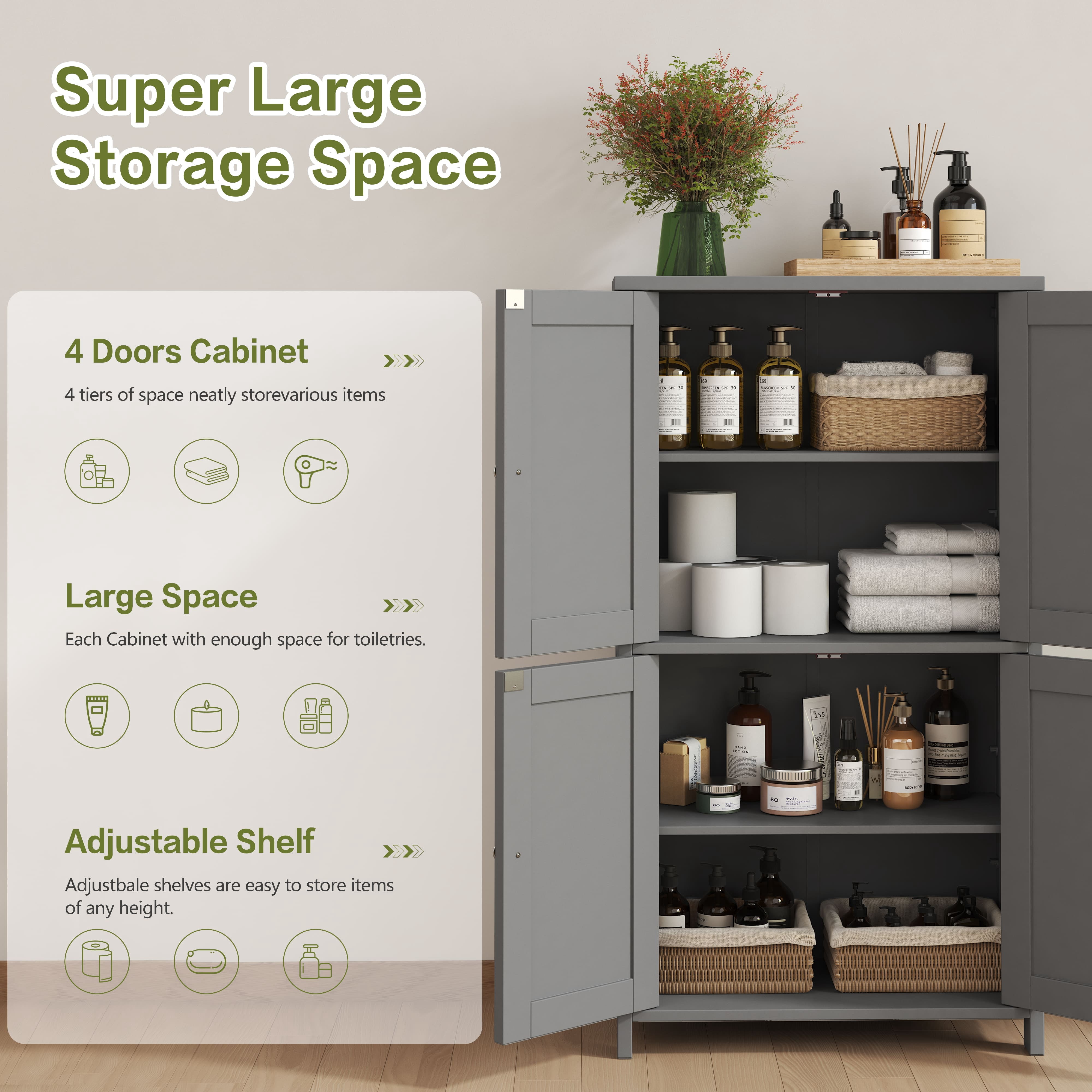 Bathroom Storage Floor Cabinet Organizer with Adjustable Shelf 4 Magnetic Doors 43" Wooden Pantry Cabinet Freestanding for Kitchen Living Room Small Spaces,Gray