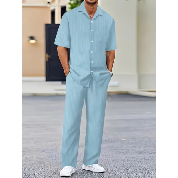 Men's Beach Outfit 2 Piece Casual Button Down Shirt Short Sleeve Loose Shirts and Pants Vacation Sets for Men Blue M