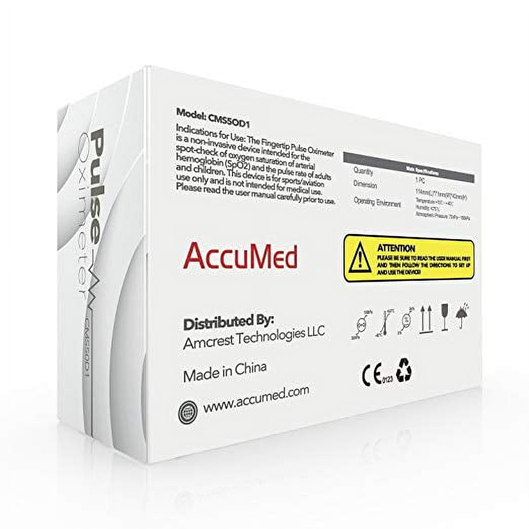 AccuMed CMS-50D1 Finger Pulse Oximeter Blood Oxygen Sensor SpO2 for Sports and Aviation. Portable and Lightweight with LED Display, 2 AAA Batteries, Lanyard and Travel Case (White)
