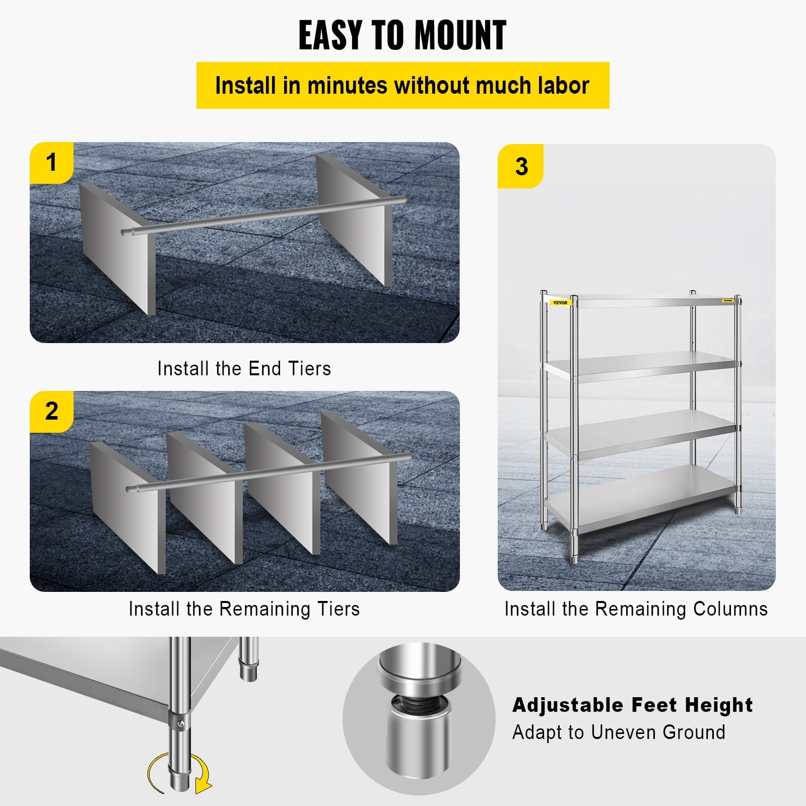 VEVOR Stainless Steel Shelving 46.8x18.5 inch 4 Tier Adjustable Heavy Duty Shelf Storage Unit