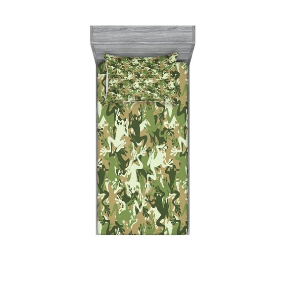 Ambesonne Frog Fitted Sheet & Pillow Sham Set, Skull Camouflage Design, Twin, Sage Pine Green