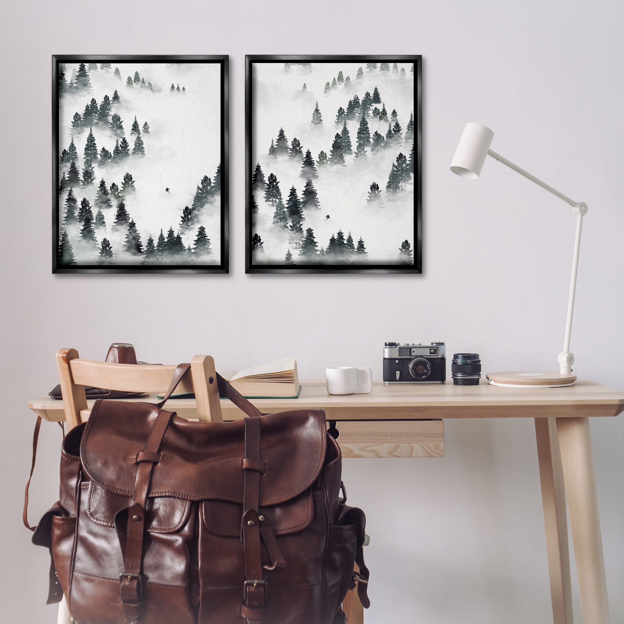 Stupell Industries Winter Ski Slopes Mountain Landscape Painting Black Floater Framed Canvas Art Print Wall Art, 25 x 31, Set of 2