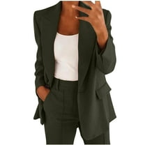 Viikei Spring Summer Solid Color Two-Piece Set for Women Modern Fit Plus Size Long Sleeve Blouses Tops Cardigan Coat and Loose Fit Pockets Long Pants Suit Women Two-Piece Outfit Suit Army Green